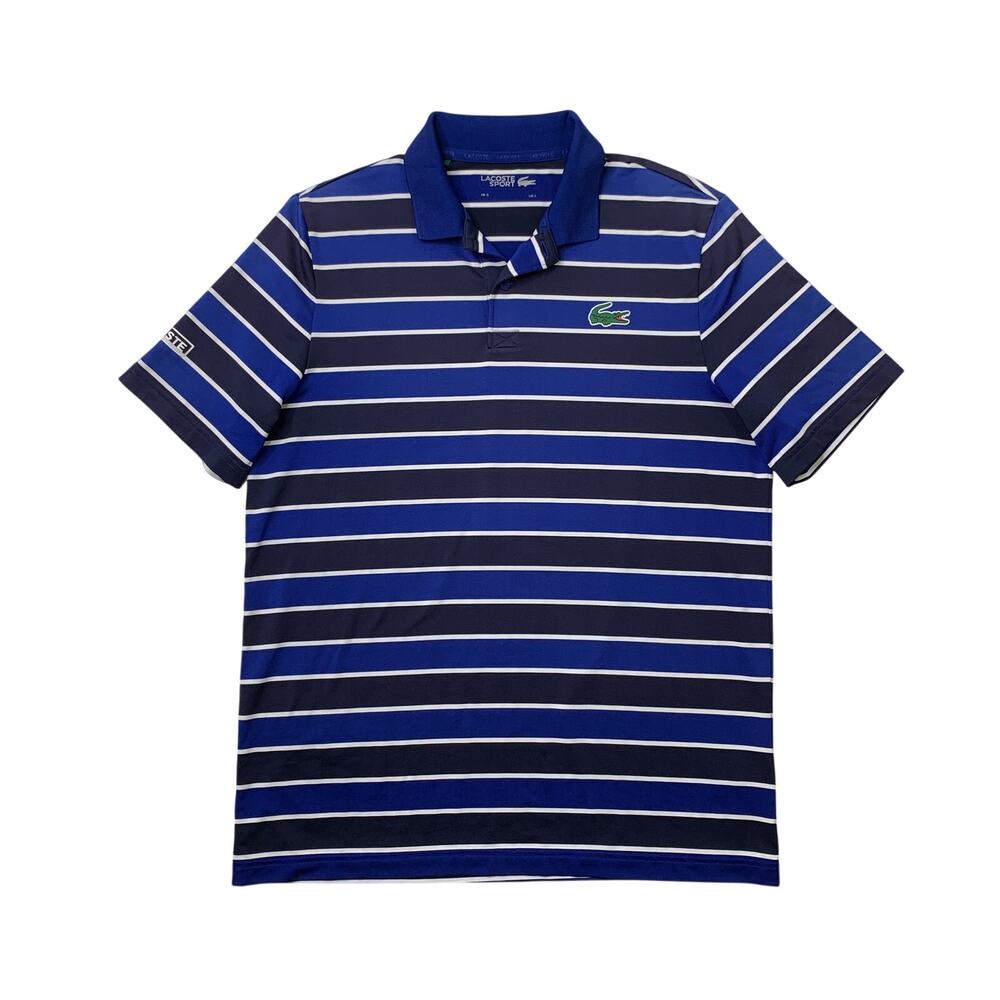Lacoste Polo Shirt Mens L Large Prussian Navy Sport Striped Stretch Short Sleeve